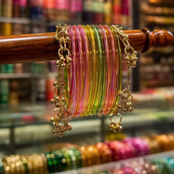 Viral Multicolor Jelly Glass Bangles With 4 Metal Kashmiri Kare