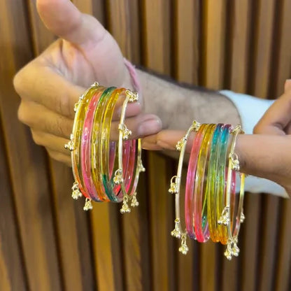 Viral Multicolor Jelly Glass Bangles With 4 Metal Kashmiri Kare